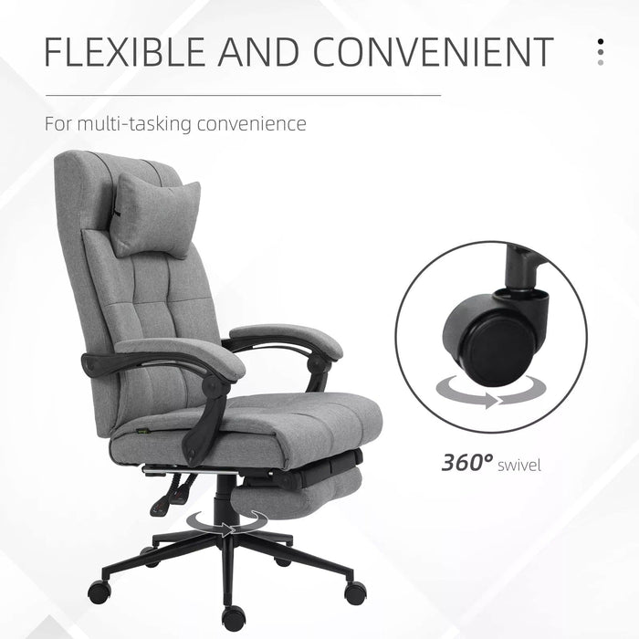 Image of a Grey Vinsetto Executive Office Chair With Foot Rest, Neck Pillow, Padded Arm Rests, Swivel Wheels, Adjustable Height and Tilt. Suitable for Home or Office.