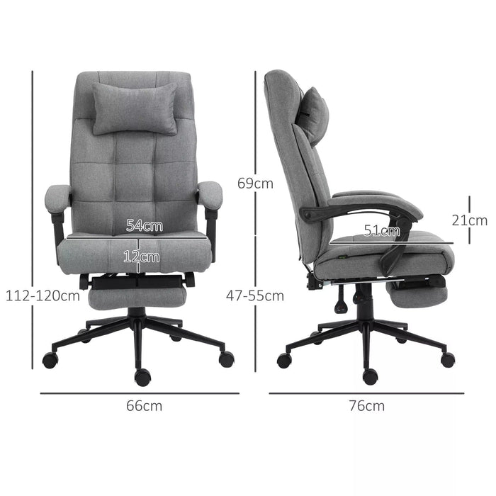 Image of a Grey Vinsetto Executive Office Chair With Foot Rest, Neck Pillow, Padded Arm Rests, Swivel Wheels, Adjustable Height and Tilt. Suitable for Home or Office.