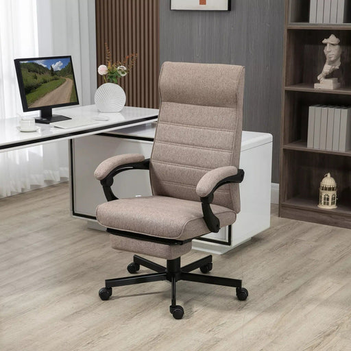 Image of a fabric swivel chair with a high back, padded arms, footrest, swivel wheels, and a tilting reclining backrest upholstered in a warm brown linen fabric.