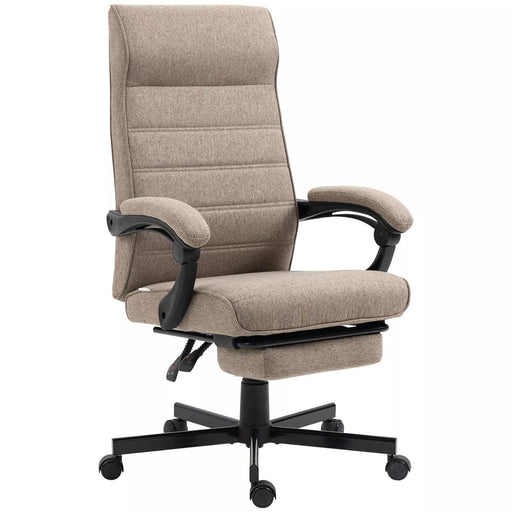 Image of a fabric swivel chair with a high back, padded arms, footrest, swivel wheels, and a tilting reclining backrest upholstered in a warm brown linen fabric.