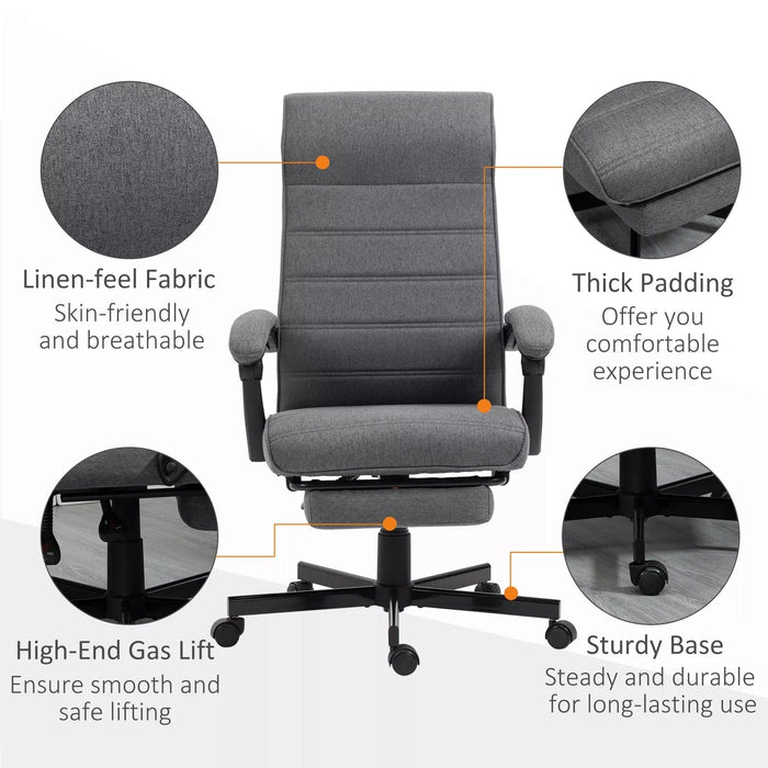 Image of a fabric swivel chair with a high back, padded arms, footrest, swivel wheels, and a tilting reclining backrest upholstered in a dark grey linen fabric.