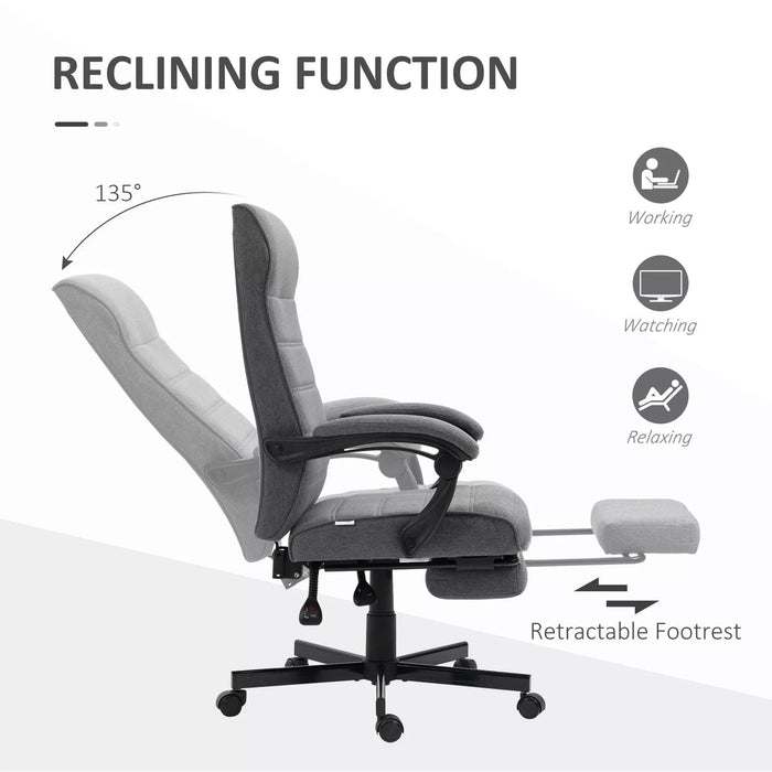 Image of a fabric swivel chair with a high back, padded arms, footrest, swivel wheels, and a tilting reclining backrest upholstered in a dark grey linen fabric.