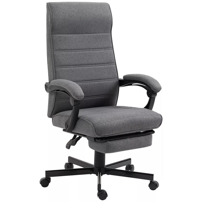 Image of a fabric swivel chair with a high back, padded arms, footrest, swivel wheels, and a tilting reclining backrest upholstered in a dark grey linen fabric.