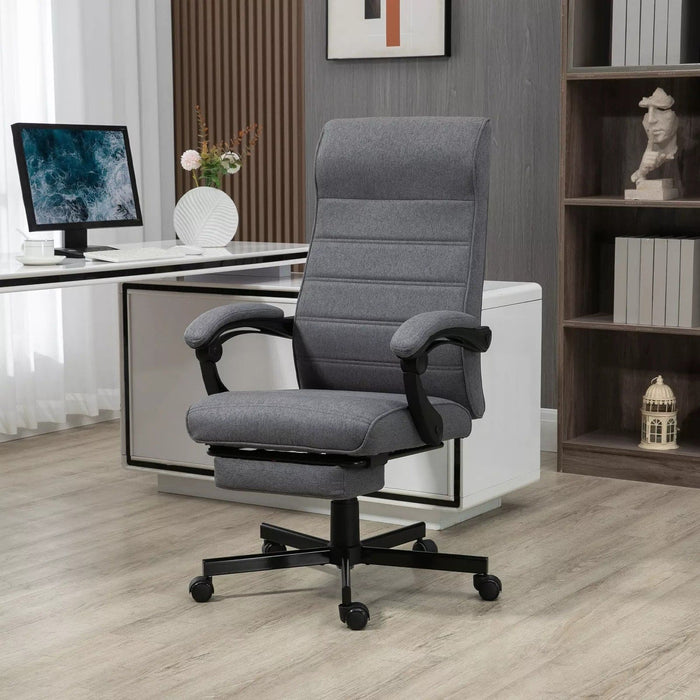 Image of a fabric swivel chair with a high back, padded arms, footrest, swivel wheels, and a tilting reclining backrest upholstered in a dark grey linen fabric.