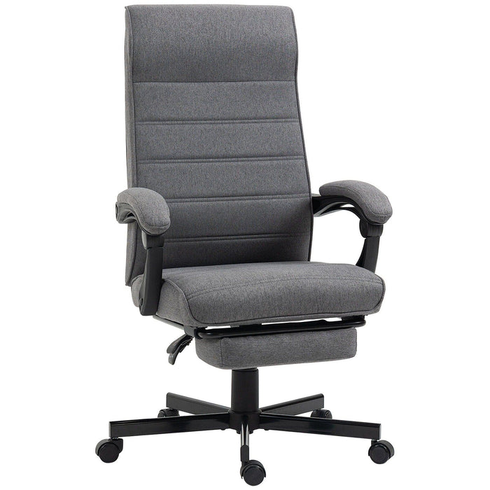 Image of a fabric swivel chair with a high back, padded arms, footrest, swivel wheels, and a tilting reclining backrest upholstered in a dark grey linen fabric.