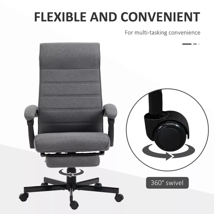 Image of a fabric swivel chair with a high back, padded arms, footrest, swivel wheels, and a tilting reclining backrest upholstered in a dark grey linen fabric.