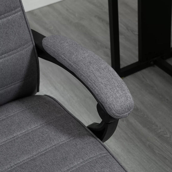 Image of a fabric swivel chair with a high back, padded arms, footrest, swivel wheels, and a tilting reclining backrest upholstered in a dark grey linen fabric.