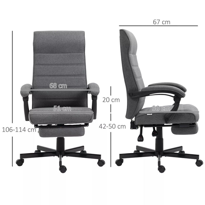 Image of a fabric swivel chair with a high back, padded arms, footrest, swivel wheels, and a tilting reclining backrest upholstered in a dark grey linen fabric.