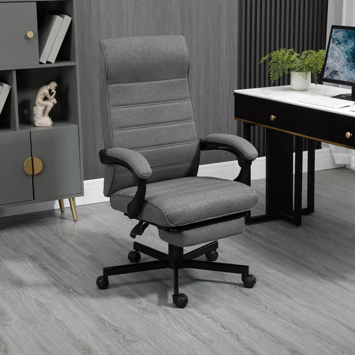 Image of a fabric swivel chair with a high back, padded arms, footrest, swivel wheels, and a tilting reclining backrest upholstered in a dark grey linen fabric.