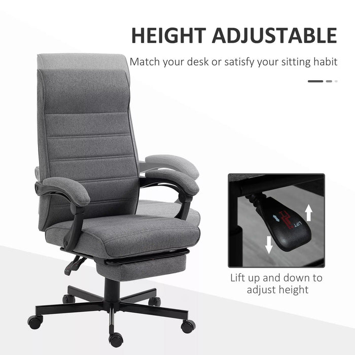 Image of a fabric swivel chair with a high back, padded arms, footrest, swivel wheels, and a tilting reclining backrest upholstered in a dark grey linen fabric.