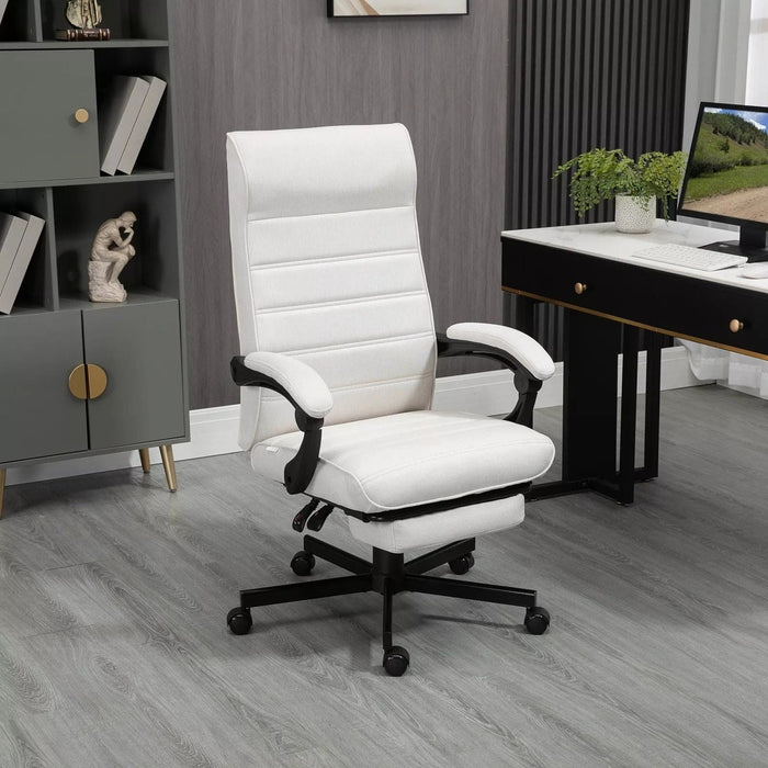 Image of a fabric swivel chair with a high back, padded arms, footrest, swivel wheels, and a tilting reclining backrest upholstered in a white linen fabric.