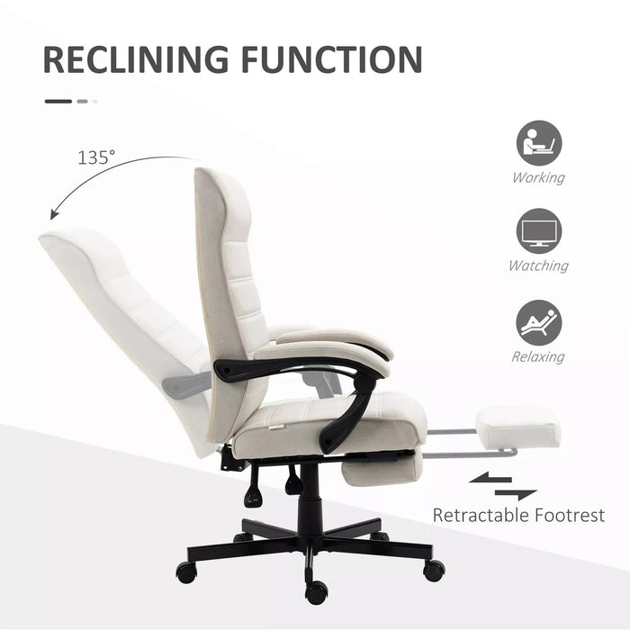 Image of a fabric swivel chair with a high back, padded arms, footrest, swivel wheels, and a tilting reclining backrest upholstered in a white linen fabric.