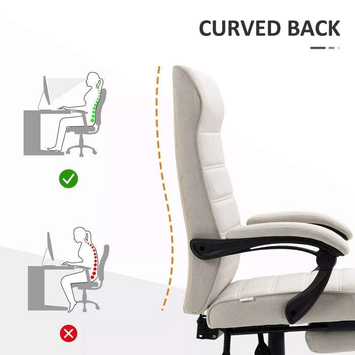 Image of a fabric swivel chair with a high back, padded arms, footrest, swivel wheels, and a tilting reclining backrest upholstered in a white linen fabric.