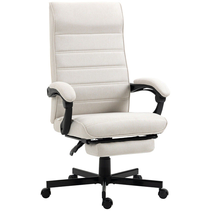 Image of a fabric swivel chair with a high back, padded arms, footrest, swivel wheels, and a tilting reclining backrest upholstered in a white linen fabric.