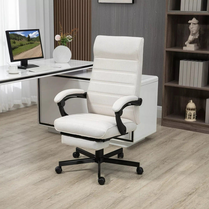 Image of a fabric swivel chair with a high back, padded arms, footrest, swivel wheels, and a tilting reclining backrest upholstered in a white linen fabric.