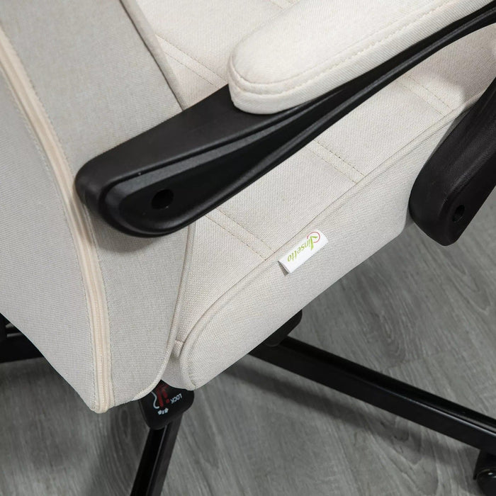 Image of a fabric swivel chair with a high back, padded arms, footrest, swivel wheels, and a tilting reclining backrest upholstered in a white linen fabric.