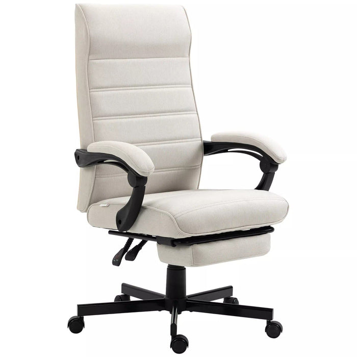 Image of a fabric swivel chair with a high back, padded arms, footrest, swivel wheels, and a tilting reclining backrest upholstered in a white linen fabric.