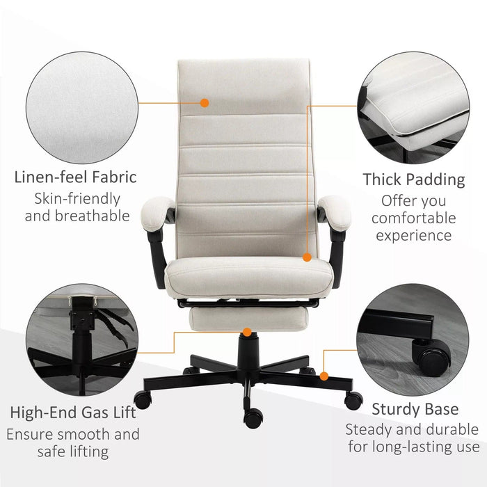 Image of a fabric swivel chair with a high back, padded arms, footrest, swivel wheels, and a tilting reclining backrest upholstered in a white linen fabric.