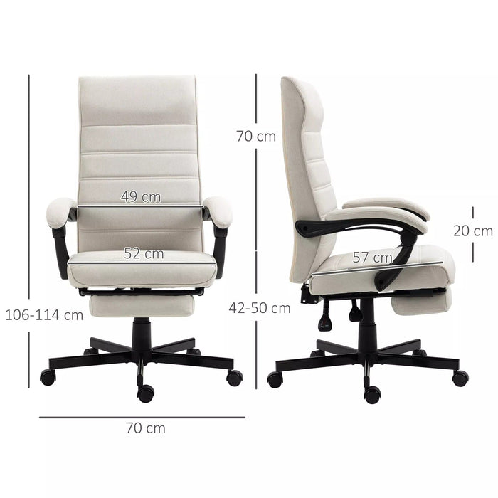 Image of a fabric swivel chair with a high back, padded arms, footrest, swivel wheels, and a tilting reclining backrest upholstered in a white linen fabric.