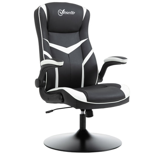 Image of a Vinsetto Gamer Chair Without Wheels on a Pedestal Base With Lift Up Arms, Reclining, Height Adjustment Finished in Black PU Leather With White Accents.