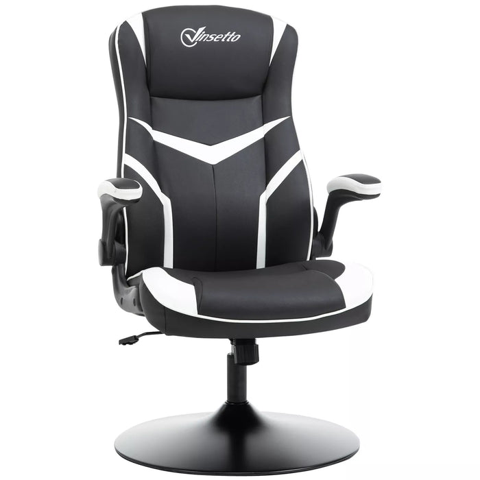 Image of a Vinsetto Gamer Chair Without Wheels on a Pedestal Base With Lift Up Arms, Reclining, Height Adjustment Finished in Black PU Leather With White Accents.