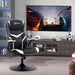 Image of a Vinsetto Gamer Chair Without Wheels on a Pedestal Base With Lift Up Arms, Reclining, Height Adjustment Finished in Black PU Leather With White Accents.