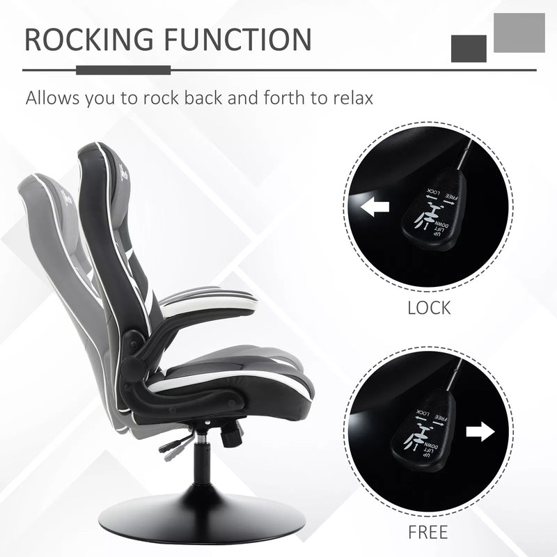 Image of a Vinsetto Gamer Chair Without Wheels on a Pedestal Base With Lift Up Arms, Reclining, Height Adjustment Finished in Black PU Leather With White Accents.