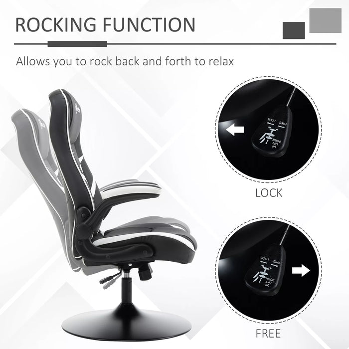 Image of a Vinsetto Gamer Chair Without Wheels on a Pedestal Base With Lift Up Arms, Reclining, Height Adjustment Finished in Black PU Leather With White Accents.