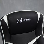 Image of a Vinsetto Gamer Chair Without Wheels on a Pedestal Base With Lift Up Arms, Reclining, Height Adjustment Finished in Black PU Leather With White Accents.
