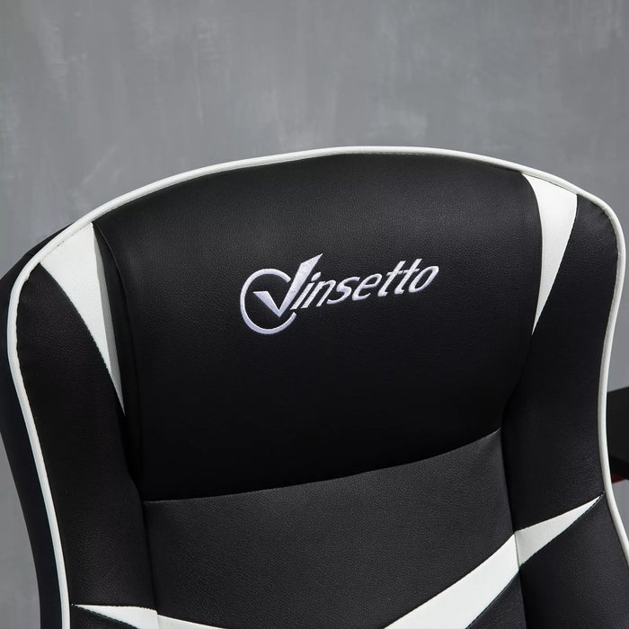 Image of a Vinsetto Gamer Chair Without Wheels on a Pedestal Base With Lift Up Arms, Reclining, Height Adjustment Finished in Black PU Leather With White Accents.