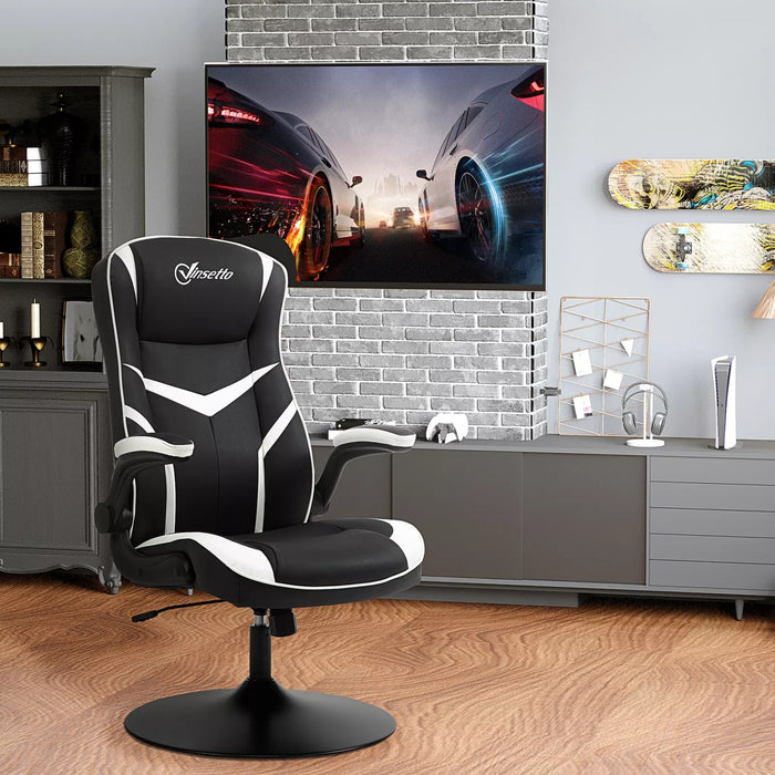 Image of a Vinsetto Gamer Chair Without Wheels on a Pedestal Base With Lift Up Arms, Reclining, Height Adjustment Finished in Black PU Leather With White Accents.