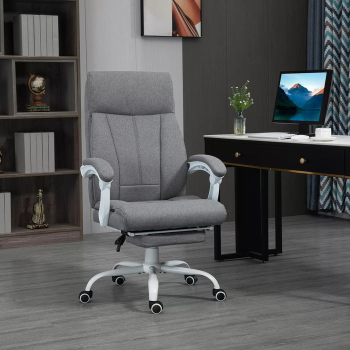 Image of a Vinsetto Grey Fabric Reclining Desk Chair with Extending Foot Rest, Padded Arms, Swivel Wheels, Adjustable Height and Tilt. Suitable for Home  Office or Office.