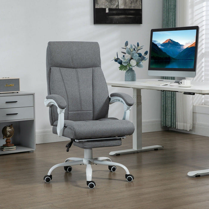 Image of a Vinsetto Grey Fabric Reclining Desk Chair with Extending Foot Rest, Padded Arms, Swivel Wheels, Adjustable Height and Tilt. Suitable for Home  Office or Office.