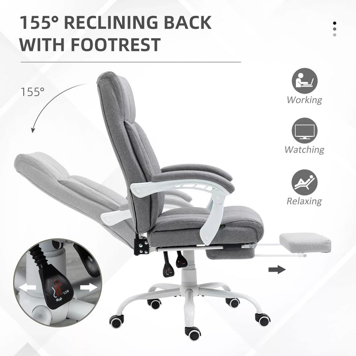 Image of a Vinsetto Grey Fabric Reclining Desk Chair with Extending Foot Rest, Padded Arms, Swivel Wheels, Adjustable Height and Tilt. Suitable for Home  Office or Office.