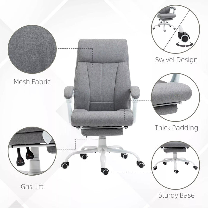 Image of a Vinsetto Grey Fabric Reclining Desk Chair with Extending Foot Rest, Padded Arms, Swivel Wheels, Adjustable Height and Tilt. Suitable for Home  Office or Office.