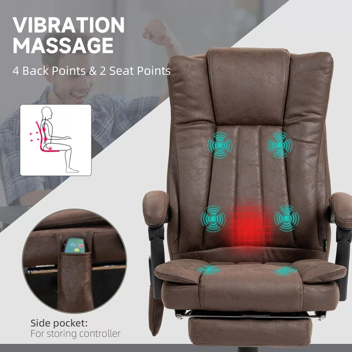 Image of a Dark Brown Heated Massage Computer Chair With Footrest, Swivel Wheels, and Adjustable Tilting Backrest.