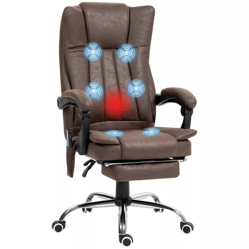 Image of a Dark Brown Heated Massage Computer Chair With Footrest, Swivel Wheels, and Adjustable Tilting Backrest.