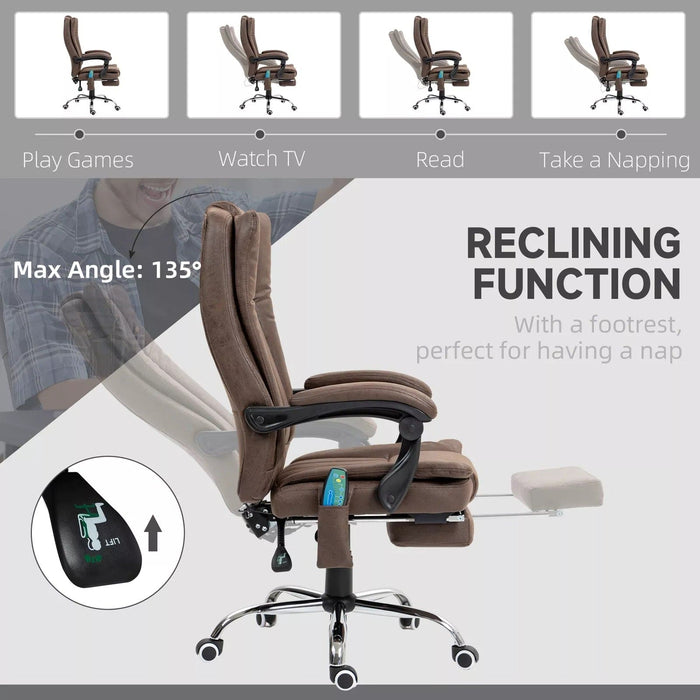 Image of a Dark Brown Heated Massage Computer Chair With Footrest, Swivel Wheels, and Adjustable Tilting Backrest.