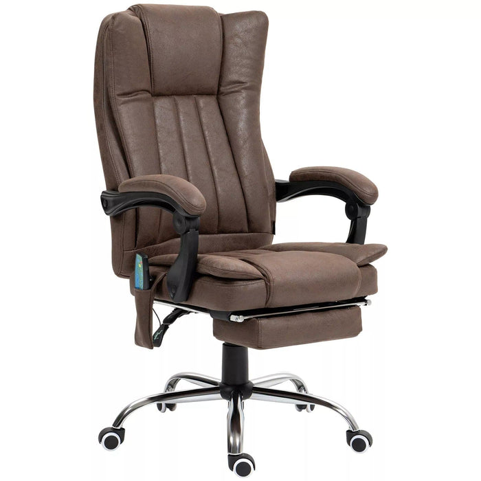 Image of a Dark Brown Heated Massage Computer Chair With Footrest, Swivel Wheels, and Adjustable Tilting Backrest.