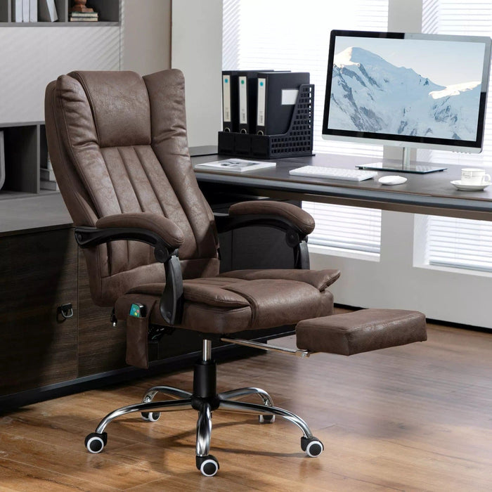 Image of a Dark Brown Heated Massage Computer Chair With Footrest, Swivel Wheels, and Adjustable Tilting Backrest.