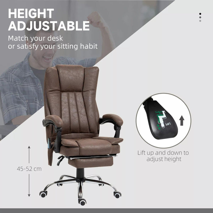 Image of a Dark Brown Heated Massage Computer Chair With Footrest, Swivel Wheels, and Adjustable Tilting Backrest.