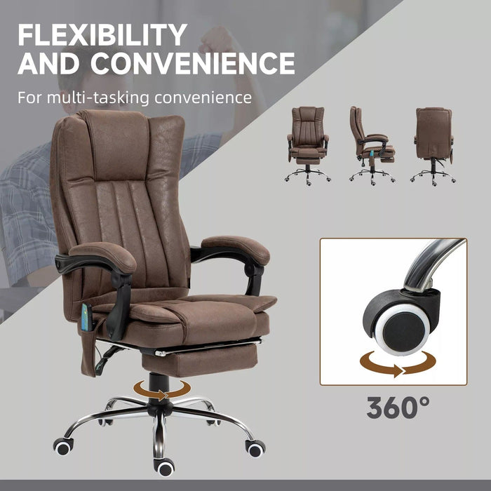 Image of a Dark Brown Heated Massage Computer Chair With Footrest, Swivel Wheels, and Adjustable Tilting Backrest.