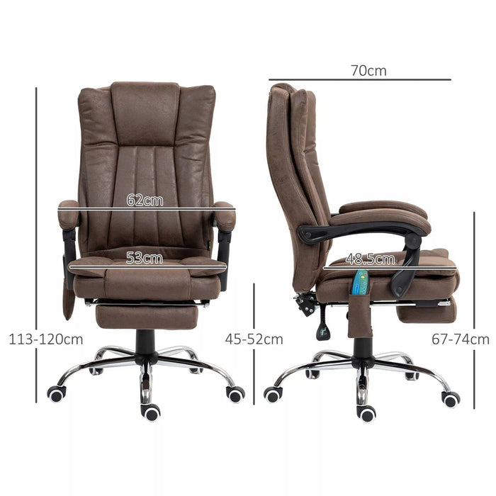 Image of a Dark Brown Heated Massage Computer Chair With Footrest, Swivel Wheels, and Adjustable Tilting Backrest.