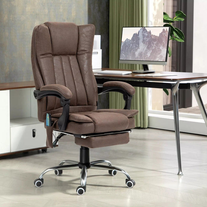 Image of a Dark Brown Heated Massage Computer Chair With Footrest, Swivel Wheels, and Adjustable Tilting Backrest.