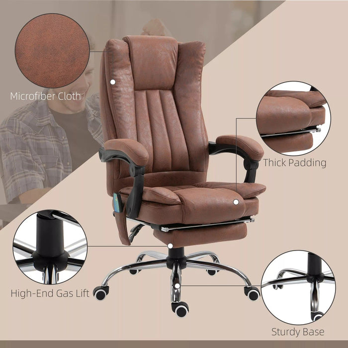 Image of a brown executive office chair for home office. The chair has a high back and features heating and a six point point massage managed by corded remote control, Extendable footrest, swivel wheels, padded arms, reclining backrest and height adjustment, so you can adapt it to your needs. It's upholstered in a stylish brown soft microfibre that adds warmth to your home or office. This is a very comfortable chair and looks it too. 