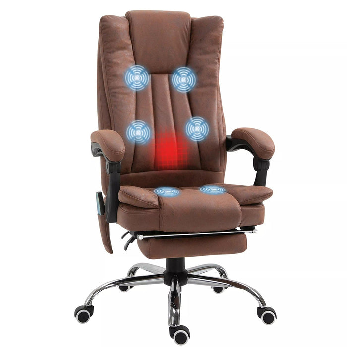 Image of a brown executive office chair for home office. The chair has a high back and features heating and a six point point massage managed by corded remote control, Extendable footrest, swivel wheels, padded arms, reclining backrest and height adjustment, so you can adapt it to your needs. It's upholstered in a stylish brown soft microfibre that adds warmth to your home or office. This is a very comfortable chair and looks it too. 