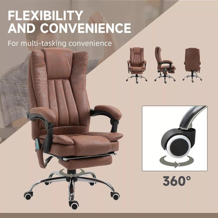 Image of a brown executive office chair for home office. The chair has a high back and features heating and a six point point massage managed by corded remote control, Extendable footrest, swivel wheels, padded arms, reclining backrest and height adjustment, so you can adapt it to your needs. It's upholstered in a stylish brown soft microfibre that adds warmth to your home or office. This is a very comfortable chair and looks it too. 