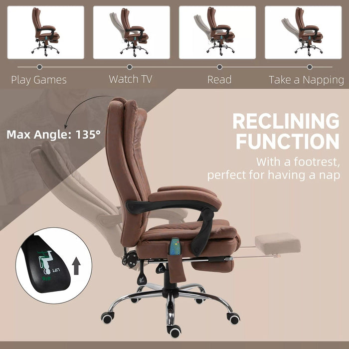 Image of a brown executive office chair for home office. The chair has a high back and features heating and a six point point massage managed by corded remote control, Extendable footrest, swivel wheels, padded arms, reclining backrest and height adjustment, so you can adapt it to your needs. It's upholstered in a stylish brown soft microfibre that adds warmth to your home or office. This is a very comfortable chair and looks it too. 