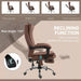 Image of a brown executive office chair for home office. The chair has a high back and features heating and a six point point massage managed by corded remote control, Extendable footrest, swivel wheels, padded arms, reclining backrest and height adjustment, so you can adapt it to your needs. It's upholstered in a stylish brown soft microfibre that adds warmth to your home or office. This is a very comfortable chair and looks it too. 