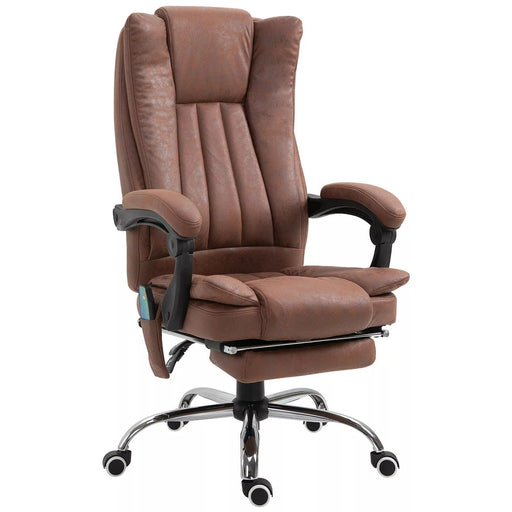 Image of a brown executive office chair for home office. The chair has a high back and features heating and a six point point massage managed by corded remote control, Extendable footrest, swivel wheels, padded arms, reclining backrest and height adjustment, so you can adapt it to your needs. It's upholstered in a stylish brown soft microfibre that adds warmth to your home or office. This is a very comfortable chair and looks it too. 